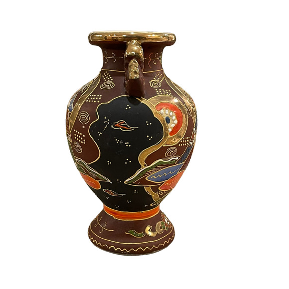 Vintage Japanese Hand Painted Moriage Vase 7.5" Tall Brown Blue Handles‎ - Picture 2 of 6